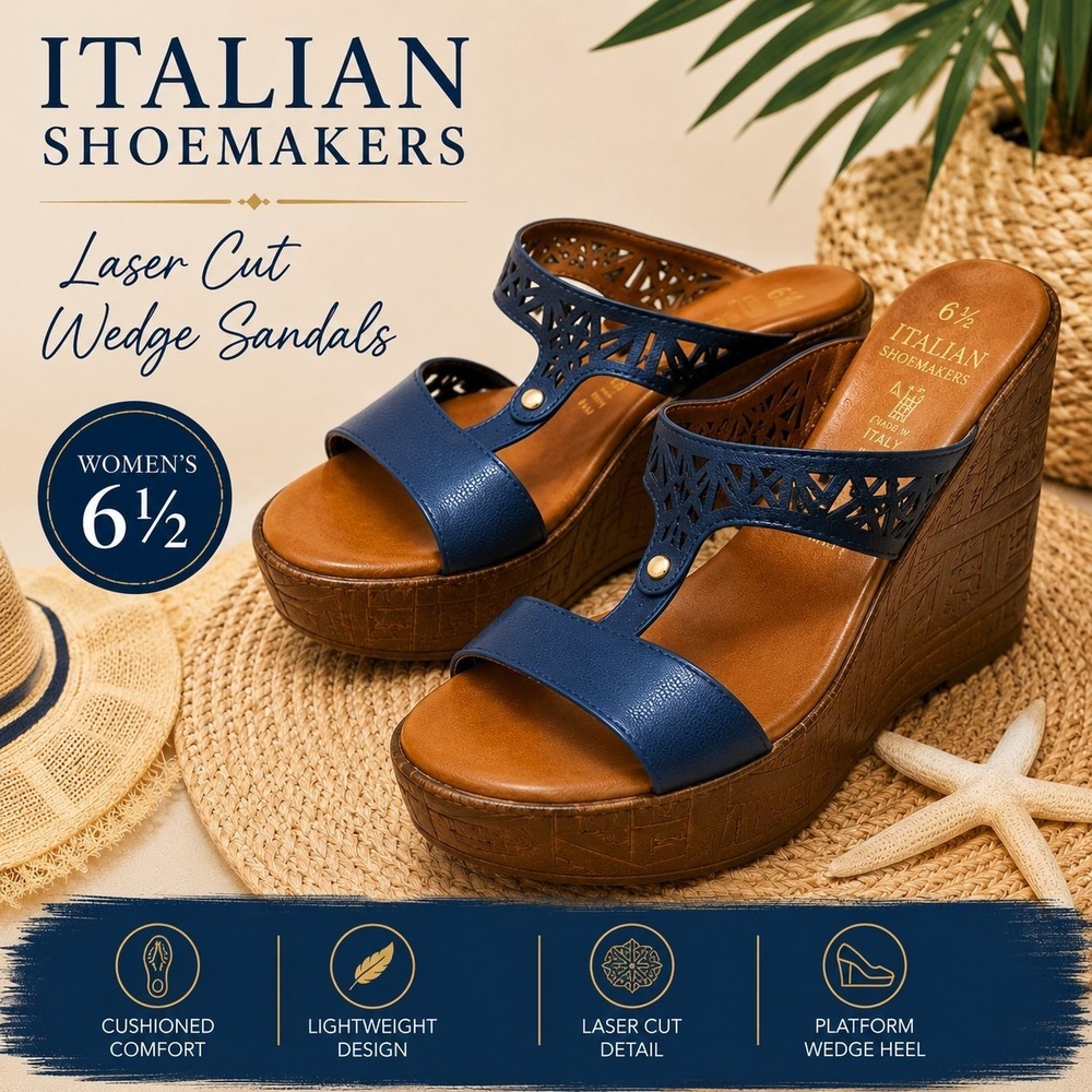 NEW WOMEN'S ITALIAN SHOEMAKERS NAVY BLUE WEDGE SLIP-ON DRESS SANDALS SIZE 6.5